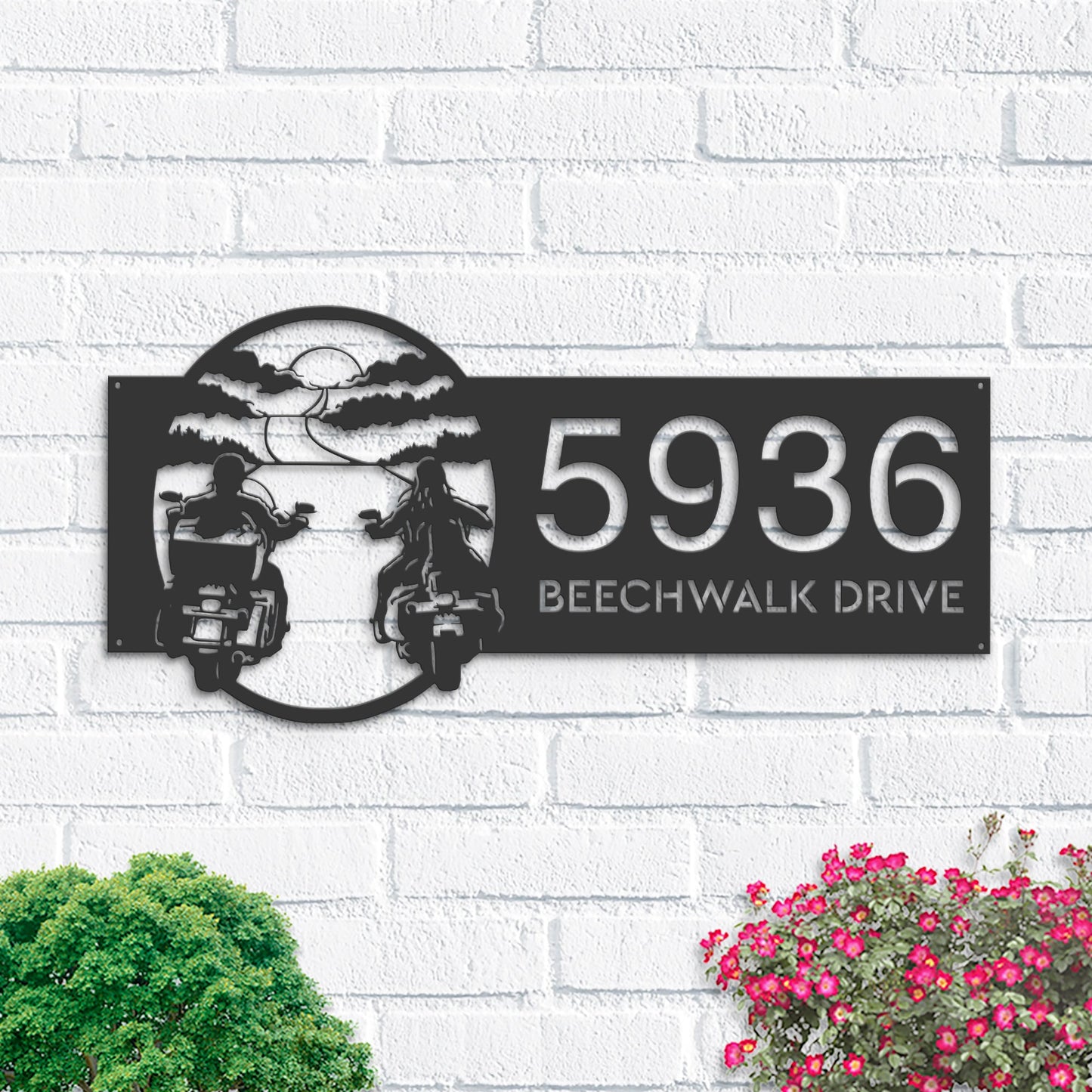 Personalized Metal Motorcycle Address Sign | Biker Sunset Plaque
