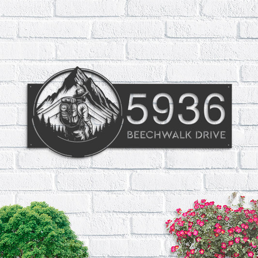 Personalized Metal Address Sign, Hiking Theme, House Number Plaque