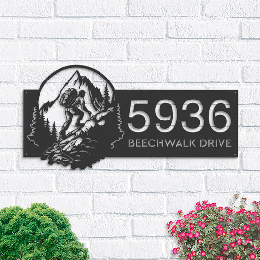 Personalized Metal Address Sign, Mountain Hiker Scene, House Number Plaque