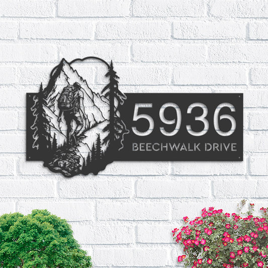Personalized Metal Address Sign, Mountain Hiker Design, House Number Plaque