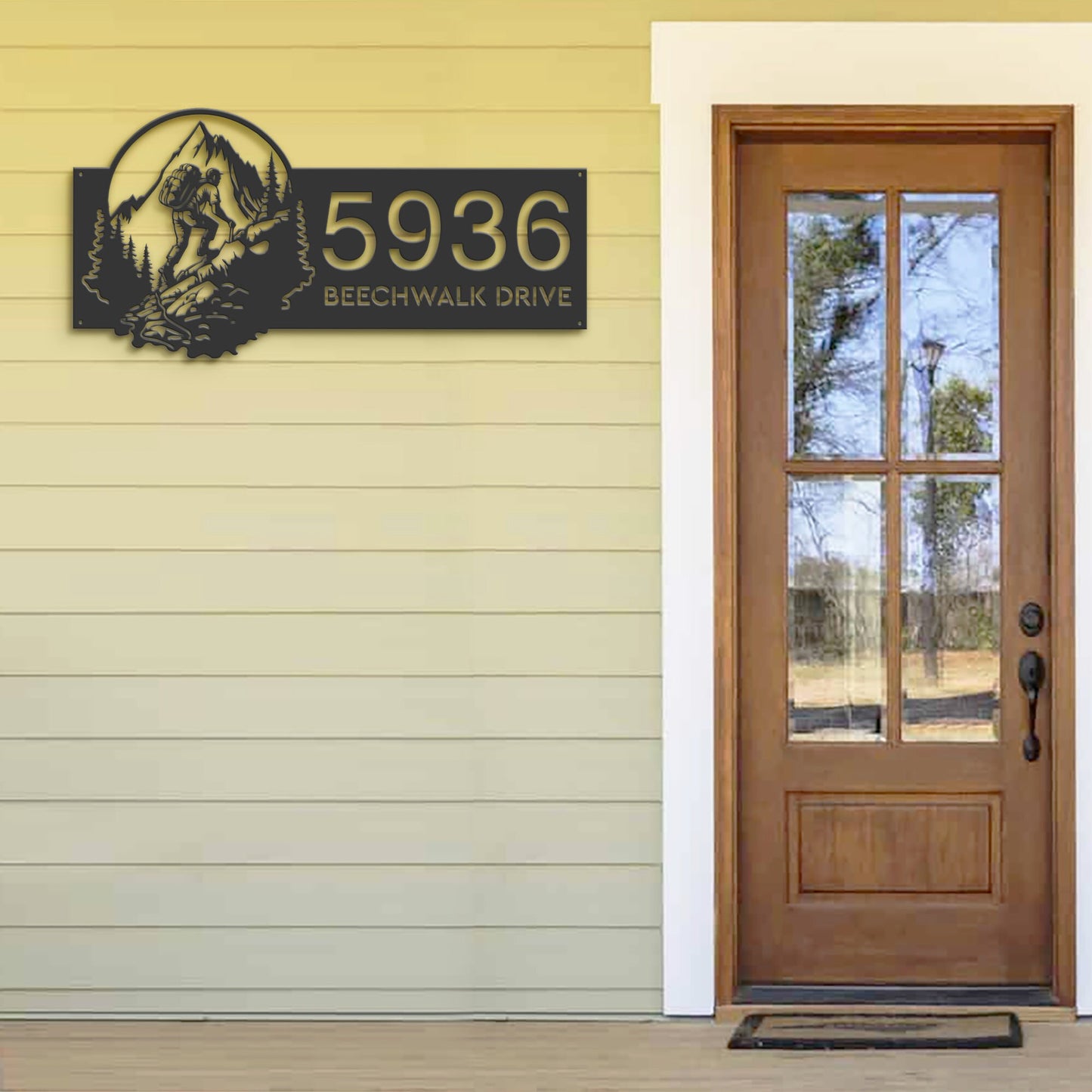 Personalized Metal Address Sign, Mountain Hiker Scene, House Number Plaque