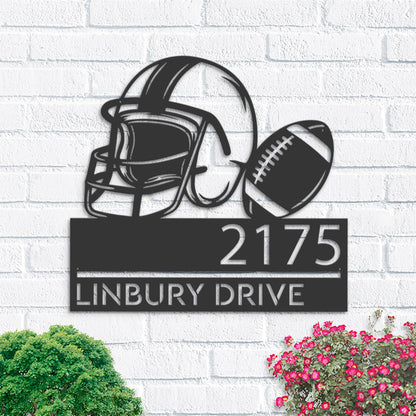 Personalized Football Helmet Metal Address Sign, House Number Plaque