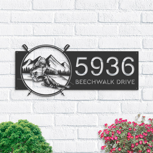 Personalized Skiing Metal Address Sign, Mountain Home Number Plaque