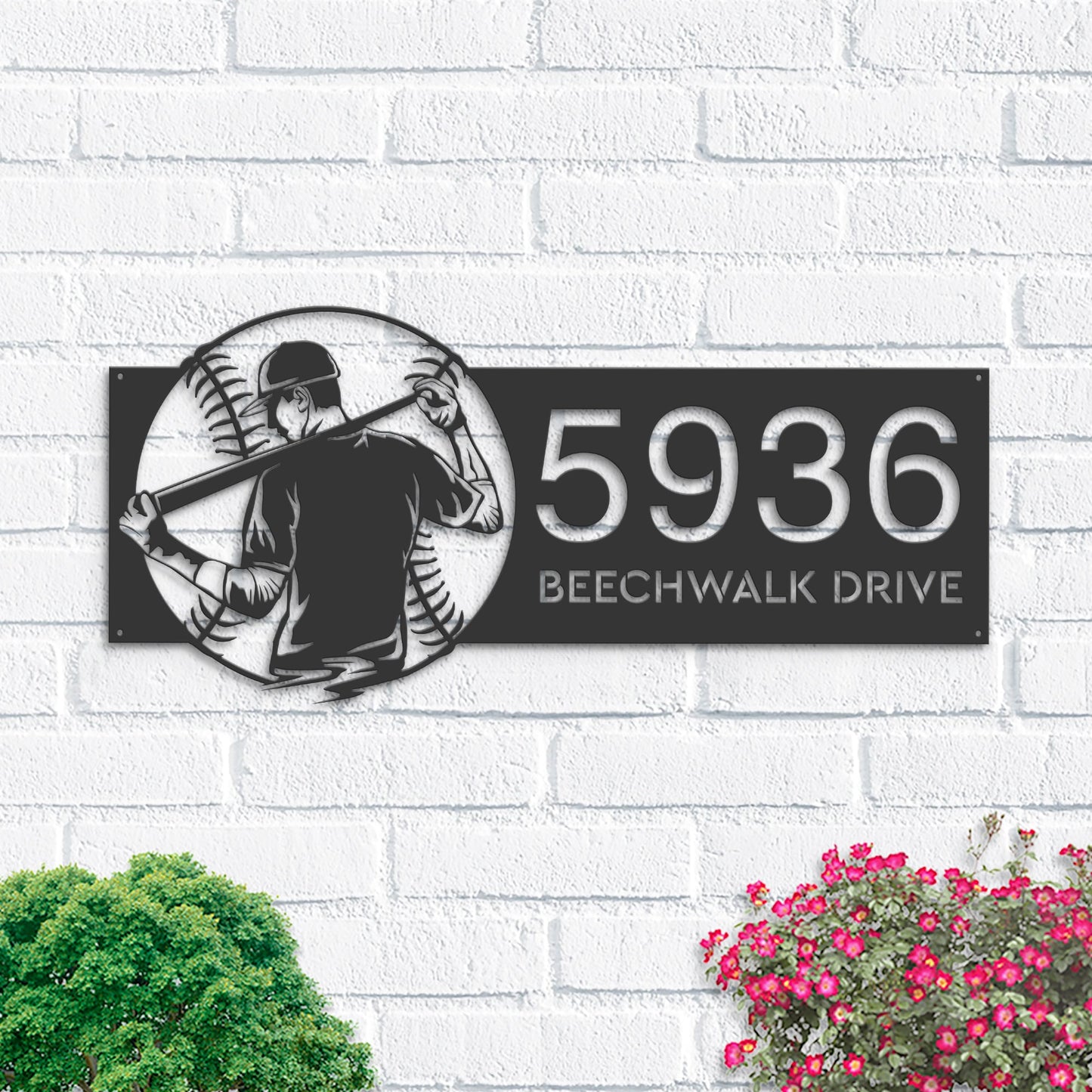Personalized Baseball Player Metal Address Sign, Hanging Address Plaque