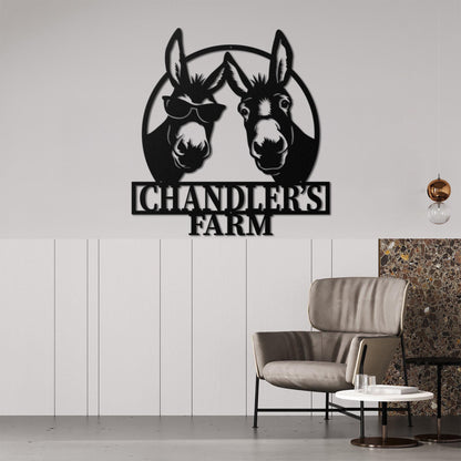 Custom Funny Two Donkey Farmhouse Metal Wall Art Personalized Cute Donkey Farm Name Sign Home Decor Donkey Barn Nursery Decoration
