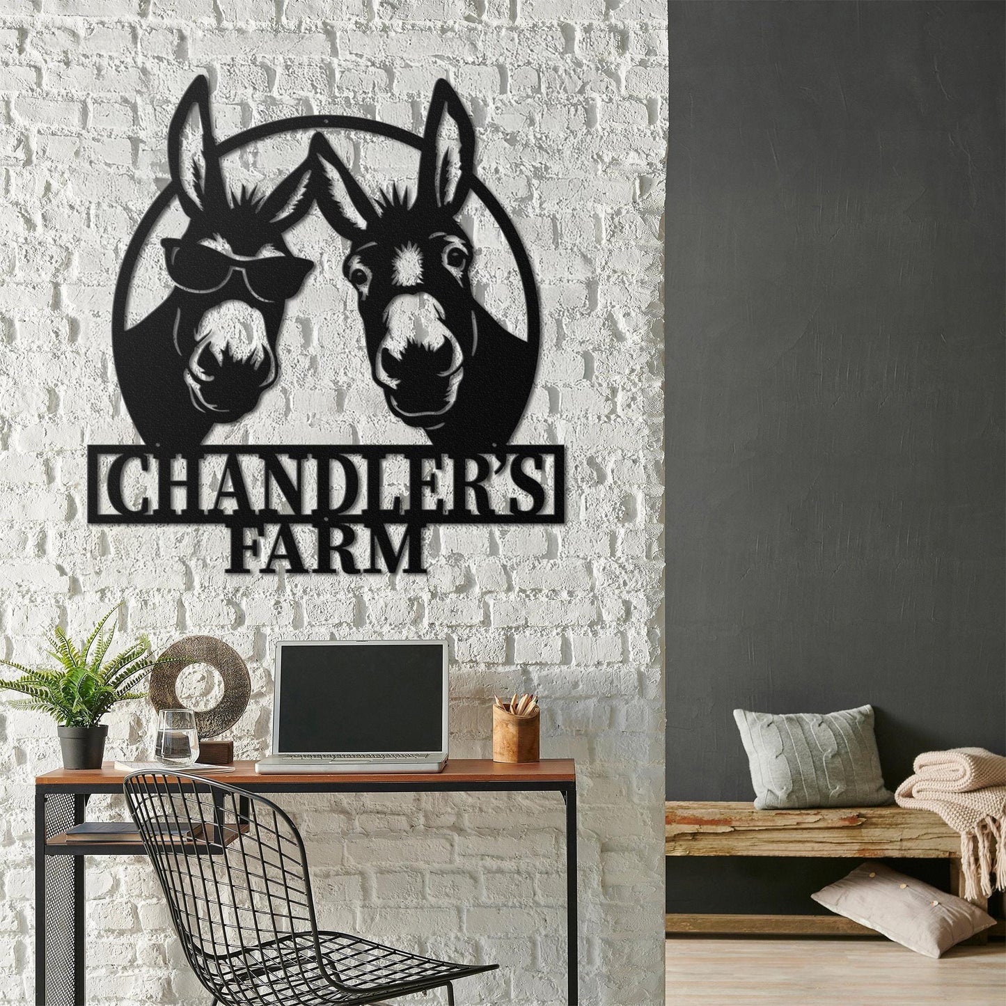 Custom Funny Two Donkey Farmhouse Metal Wall Art Personalized Cute Donkey Farm Name Sign Home Decor Donkey Barn Nursery Decoration