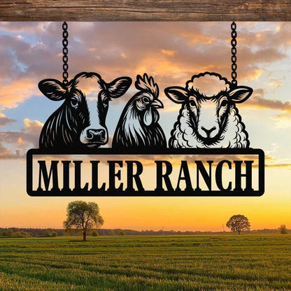 Personalized Sheep Cow and Chicken Farm Metal Sign, Farmhouse Decor, Family Name Sign, Metal Garden Sign, Farmer Gift, Farm Metal Art