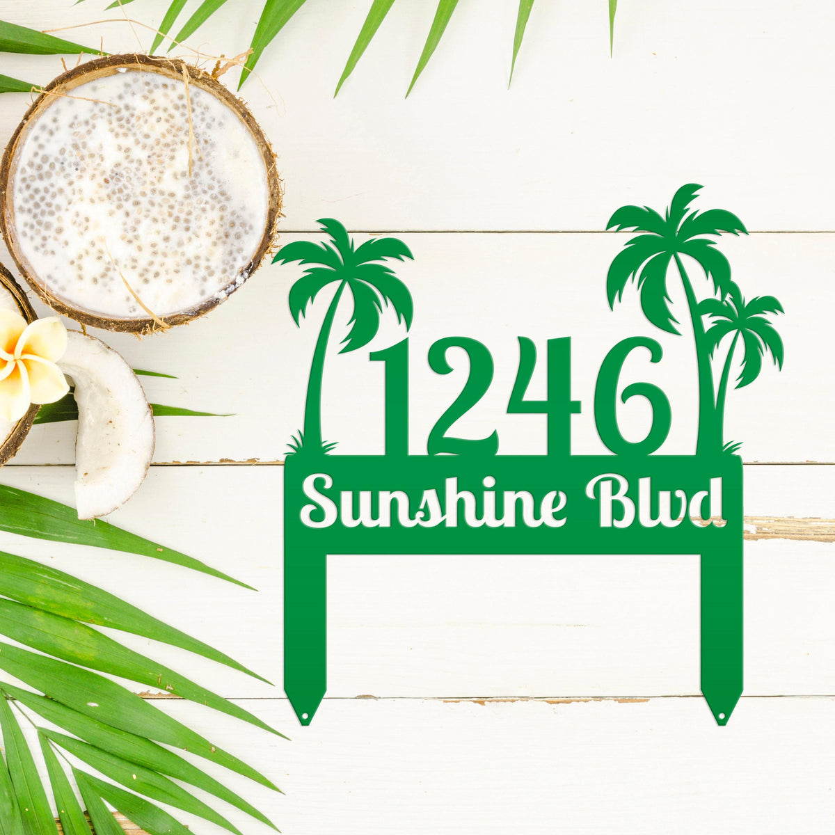 Metal Palm Tree Yard Stake with Custom Address - Personalized Tropical House Numbers - Beach House Lawn Signs - Charming Housewarming Gifts