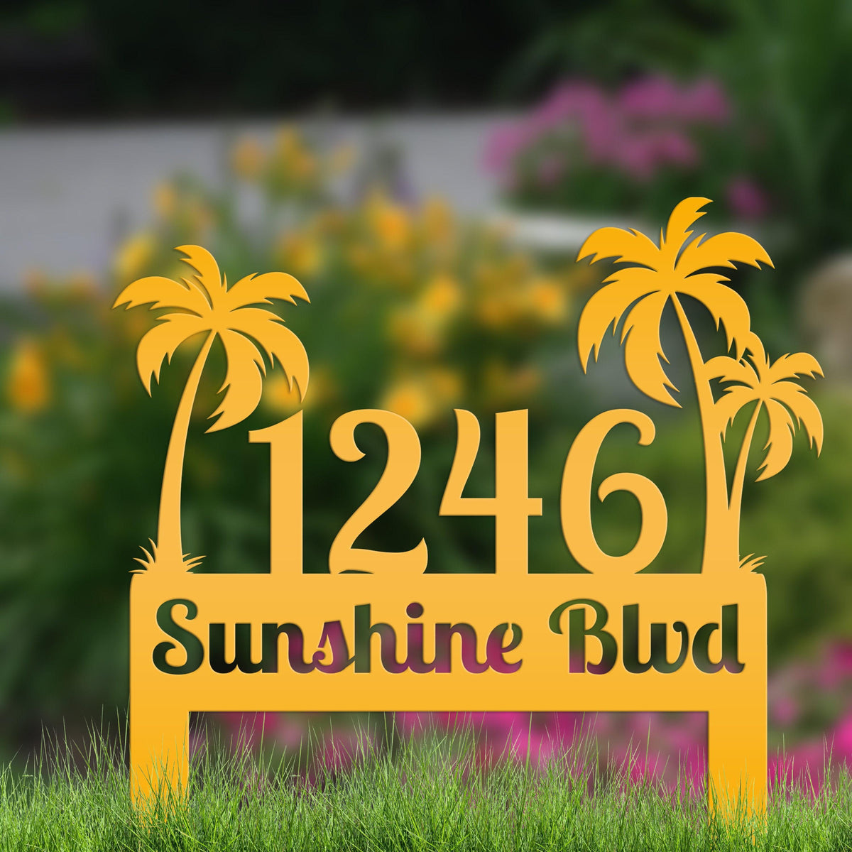 Metal Palm Tree Yard Stake with Custom Address - Personalized Tropical House Numbers - Beach House Lawn Signs - Charming Housewarming Gifts