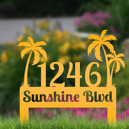 Metal Palm Tree Yard Stake with Custom Address - Personalized Tropical House Numbers - Beach House Lawn Signs - Charming Housewarming Gifts
