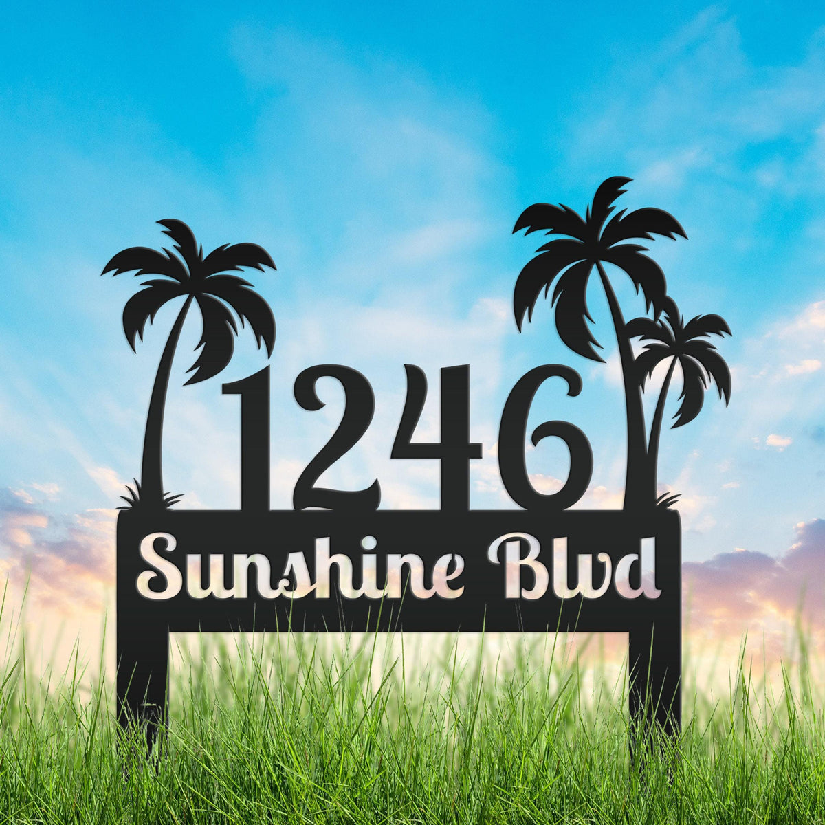 Metal Palm Tree Yard Stake with Custom Address - Personalized Tropical House Numbers - Beach House Lawn Signs - Charming Housewarming Gifts