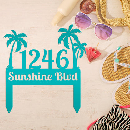 Metal Palm Tree Yard Stake with Custom Address - Personalized Tropical House Numbers - Beach House Lawn Signs - Charming Housewarming Gifts