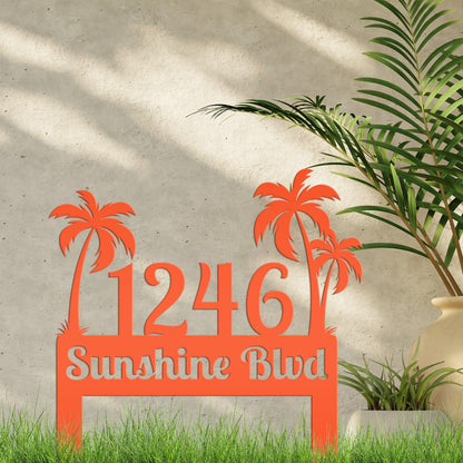 Metal Palm Tree Yard Stake with Custom Address - Personalized Tropical House Numbers - Beach House Lawn Signs - Charming Housewarming Gifts