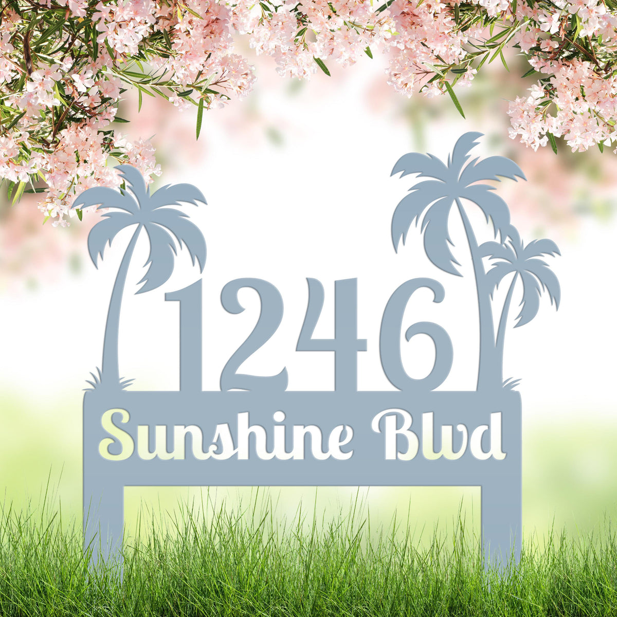 Metal Palm Tree Yard Stake with Custom Address - Personalized Tropical House Numbers - Beach House Lawn Signs - Charming Housewarming Gifts