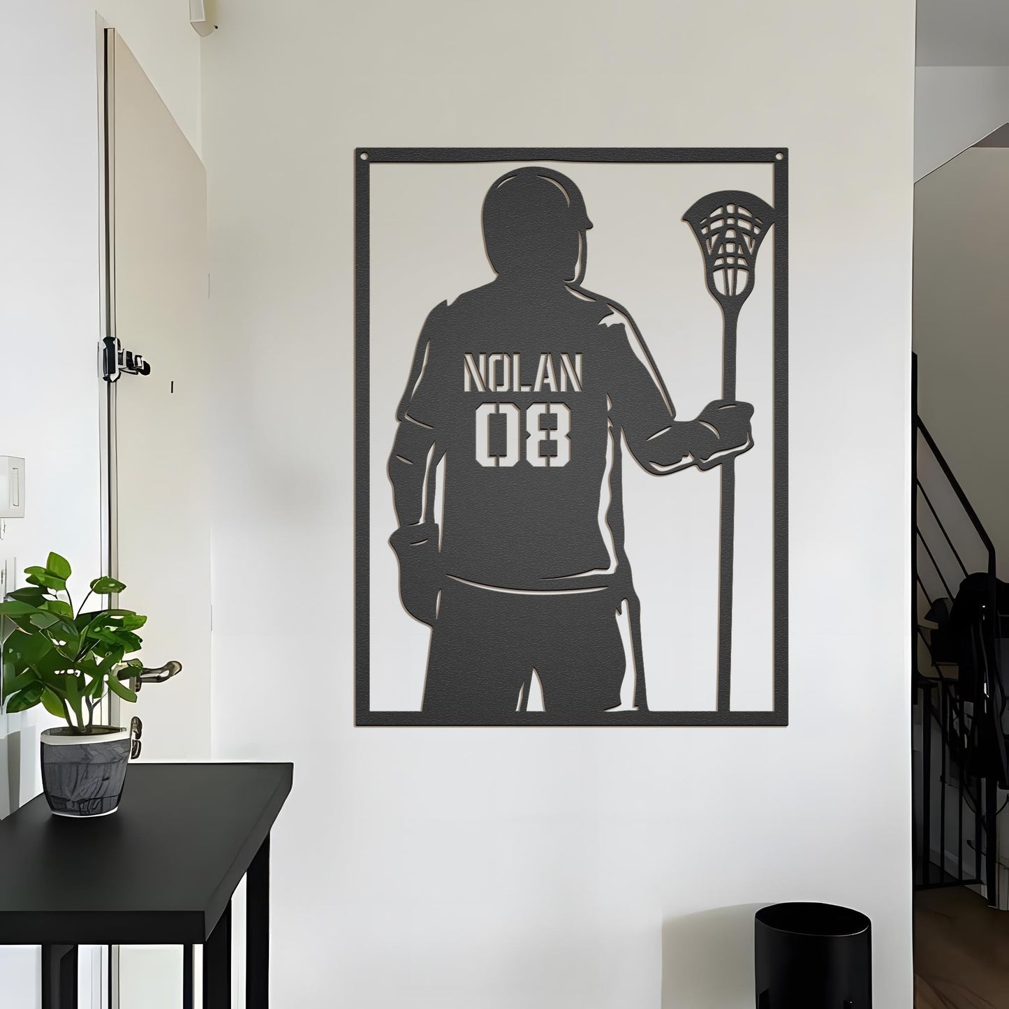 Lacrosse Player LED Metal Wall Art - Custom Name Sign with Jersey Number, Personalized Sports Room Decor, Gift for Lacrosse Enthusiasts