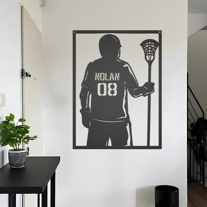 Lacrosse Player LED Metal Wall Art - Custom Name Sign with Jersey Number, Personalized Sports Room Decor, Gift for Lacrosse Enthusiasts