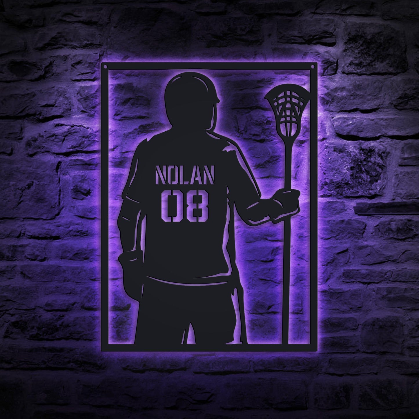 Lacrosse Player LED Metal Wall Art - Custom Name Sign with Jersey Number, Personalized Sports Room Decor, Gift for Lacrosse Enthusiasts