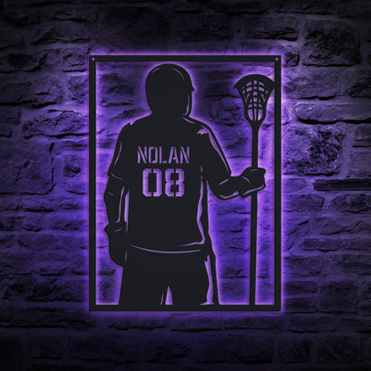 Lacrosse Player LED Metal Wall Art - Custom Name Sign with Jersey Number, Personalized Sports Room Decor, Gift for Lacrosse Enthusiasts