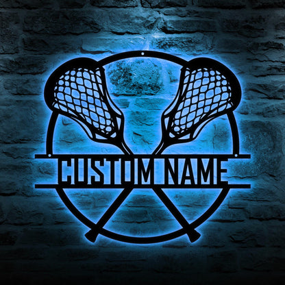 Lacrosse Led Metal Wall Art - Custom Name Sign with Sticks Design, Personalized Sports Room Decor, Gift for Lacrosse Players & Coaches