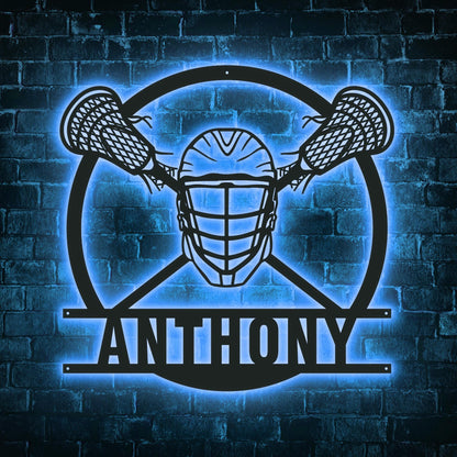 Personalized Lacrosse LED Wall Art - Custom Metal Sign with Helmet & Sticks, Sports Room Decor, Gift for Teen Athletes or Fans