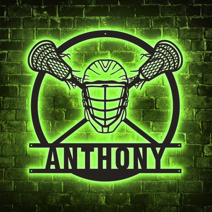 Personalized Lacrosse LED Wall Art - Custom Metal Sign with Helmet & Sticks, Sports Room Decor, Gift for Teen Athletes or Fans