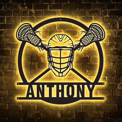 Personalized Lacrosse LED Wall Art - Custom Metal Sign with Helmet & Sticks, Sports Room Decor, Gift for Teen Athletes or Fans