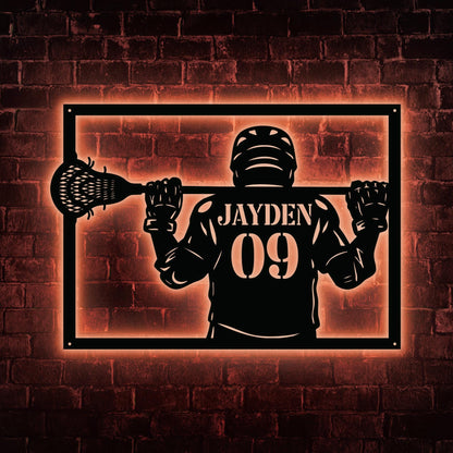 Personalized Lacrosse Metal Sign - Custom LED Wall Art with Player & Jersey Number, Sports Room Decor, Gift for Lacrosse Players