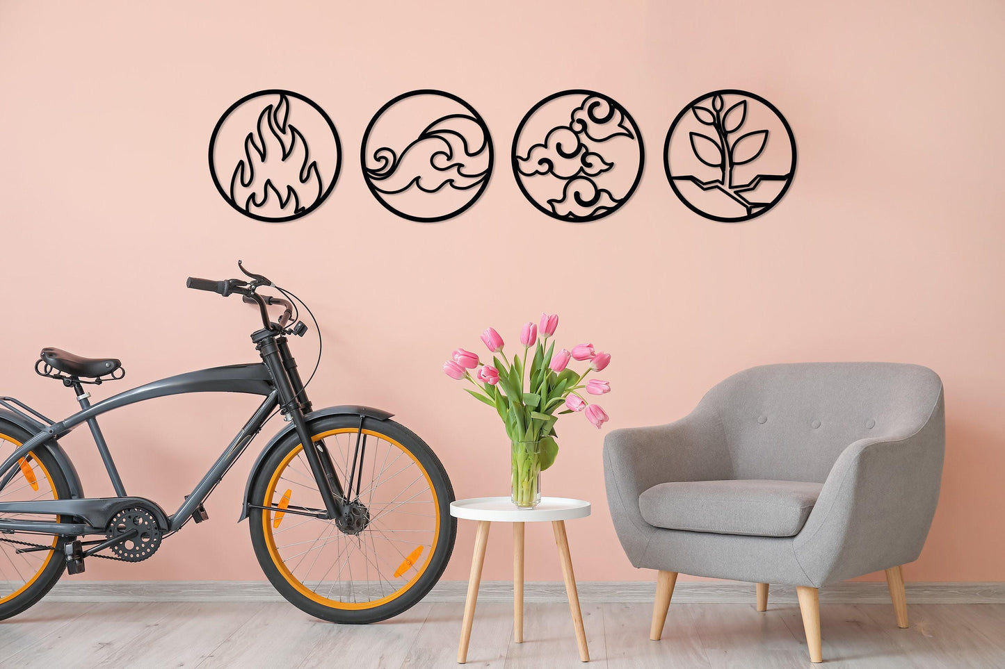 Four Elements Metal Wall Art Set of 4, Four Elements Symbol, Fire Water Air Earth Wall Sign, Home Office Wall Decor, Home Gift, Nature Decor