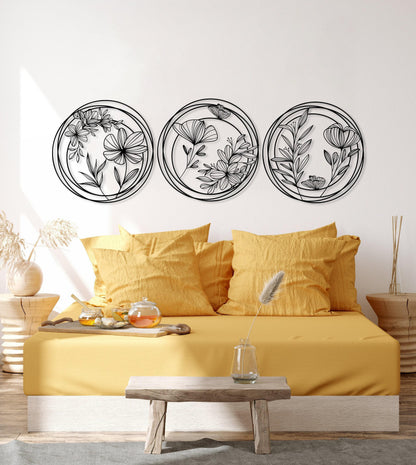 Metal Flowers Wall Art Set of 3, Unique Home Decor, 3 Pieces Wall Hanging, Above Bed Decor, Modern Design Decor, Spring Flowers Wall Art