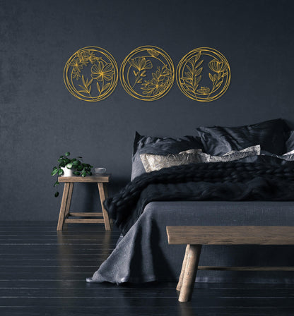 Metal Flowers Wall Art Set of 3, Unique Home Decor, 3 Pieces Wall Hanging, Above Bed Decor, Modern Design Decor, Spring Flowers Wall Art