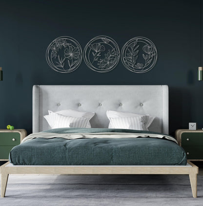 Metal Flowers Wall Art Set of 3, Unique Home Decor, 3 Pieces Wall Hanging, Above Bed Decor, Modern Design Decor, Spring Flowers Wall Art