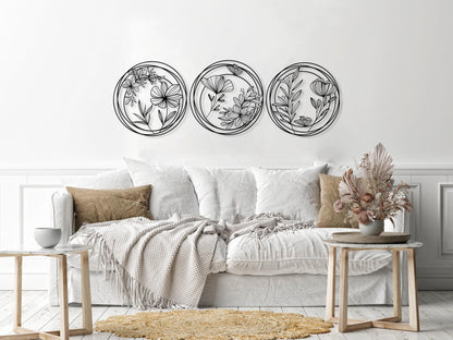 Metal Flowers Wall Art Set of 3, Unique Home Decor, 3 Pieces Wall Hanging, Above Bed Decor, Modern Design Decor, Spring Flowers Wall Art