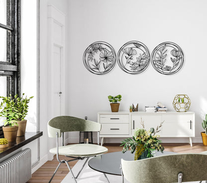 Metal Flowers Wall Art Set of 3, Unique Home Decor, 3 Pieces Wall Hanging, Above Bed Decor, Modern Design Decor, Spring Flowers Wall Art