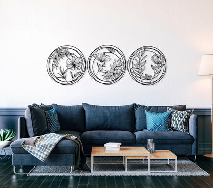 Metal Flowers Wall Art Set of 3, Unique Home Decor, 3 Pieces Wall Hanging, Above Bed Decor, Modern Design Decor, Spring Flowers Wall Art