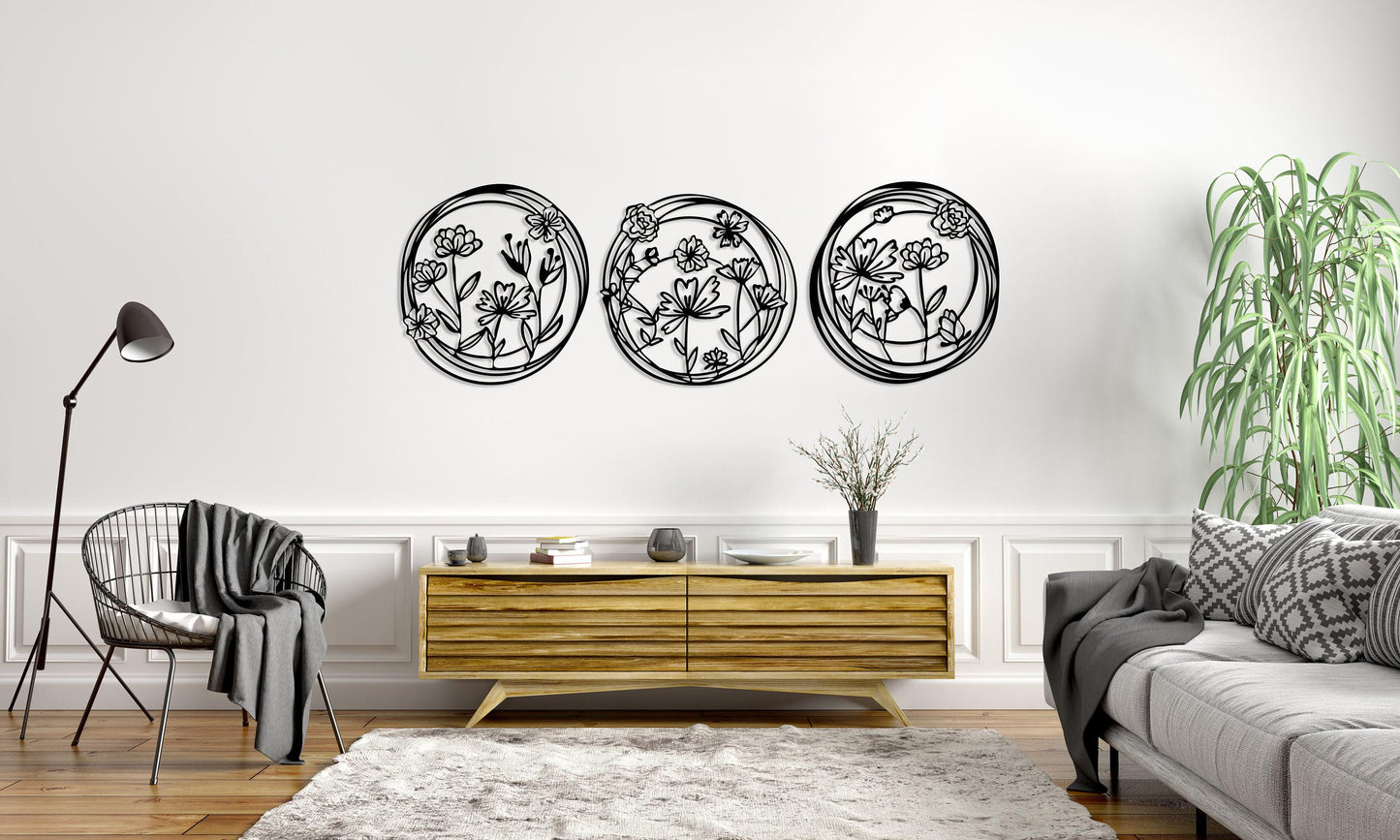 Metal Poppy Flowers Wall Art Set of 3, Living Room Wall Decor, Above Bed Decor, Large Home Decor,Unique Design Flowers Art,Housewarming Gift
