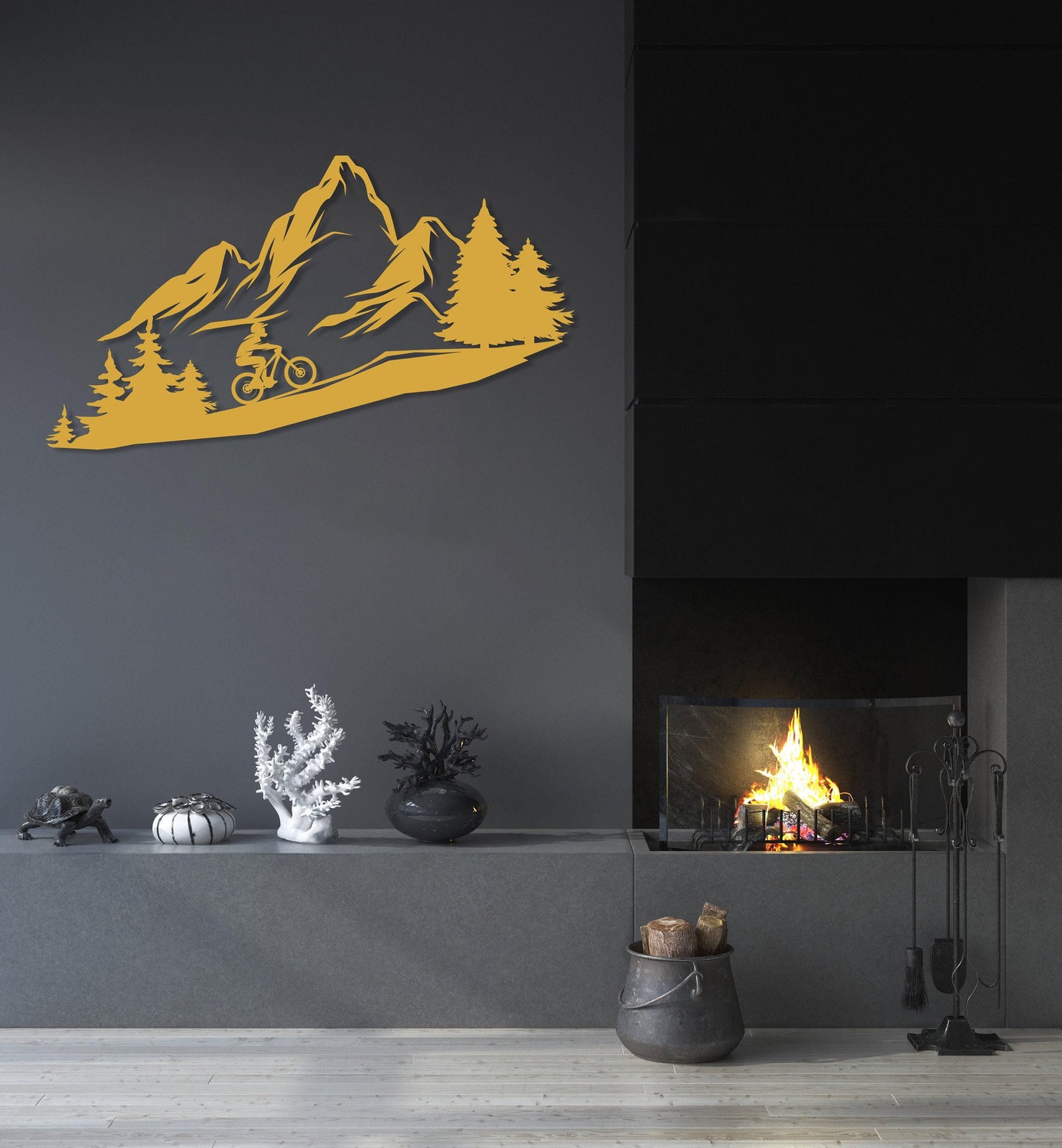 Mountain Tree and Cyclist Wall Art, Metal Bikers Wall Art, Home Decor and Gifts, Mountain Bikers Deco, Extreme Sport Lovers Gift,Outdoor Art