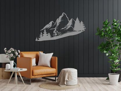 Mountain Tree and Cyclist Wall Art, Metal Bikers Wall Art, Home Decor and Gifts, Mountain Bikers Deco, Extreme Sport Lovers Gift,Outdoor Art