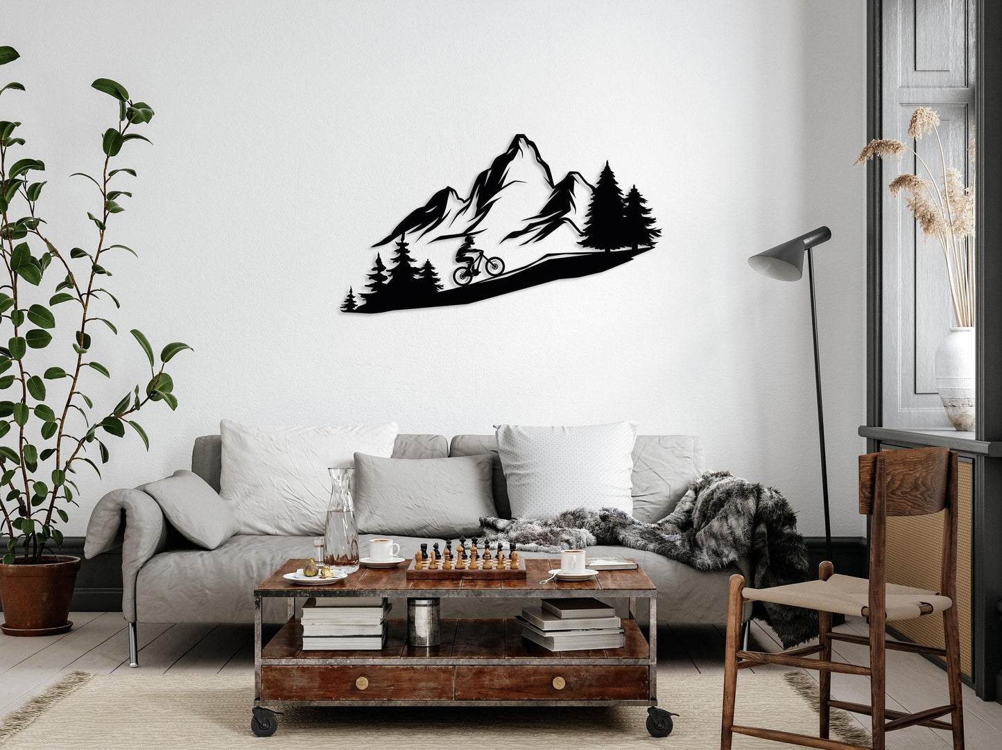 Mountain Tree and Cyclist Wall Art, Metal Bikers Wall Art, Home Decor and Gifts, Mountain Bikers Deco, Extreme Sport Lovers Gift,Outdoor Art