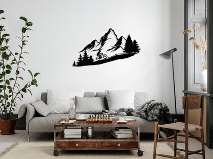 Mountain Tree and Cyclist Wall Art, Metal Bikers Wall Art, Home Decor and Gifts, Mountain Bikers Deco, Extreme Sport Lovers Gift,Outdoor Art