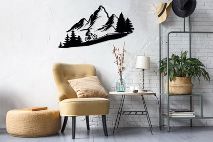 Mountain Tree and Cyclist Wall Art, Metal Bikers Wall Art, Home Decor and Gifts, Mountain Bikers Deco, Extreme Sport Lovers Gift,Outdoor Art