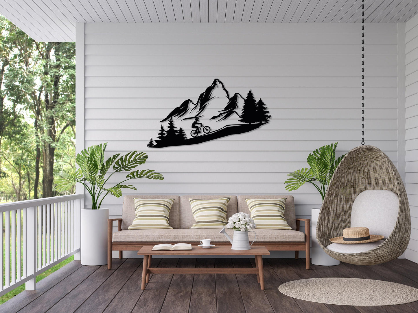Mountain Tree and Cyclist Wall Art, Metal Bikers Wall Art, Home Decor and Gifts, Mountain Bikers Deco, Extreme Sport Lovers Gift,Outdoor Art