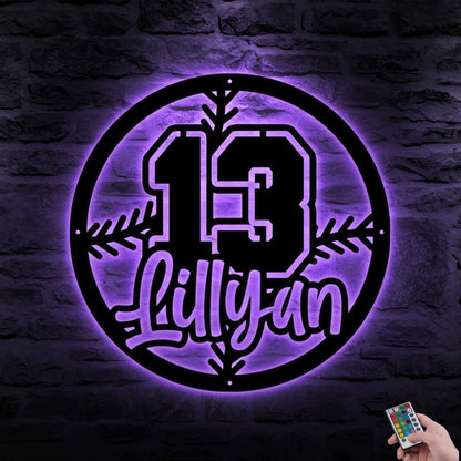 Personalized Baseball Metal Sign with LED Light - Custom Kid Name Wall Art, Sports Room or Game Room Decor, Gift for Baseball Player