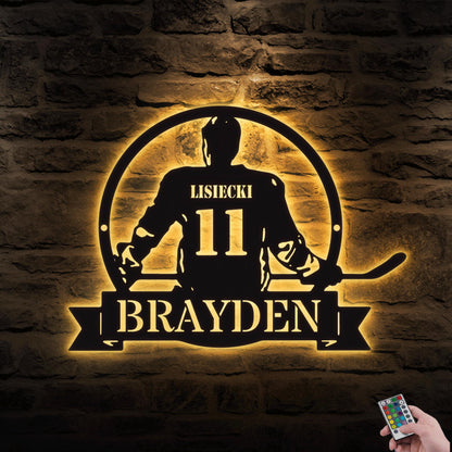 Personalized Hockey Metal Sign with LED Light - Custom Name Wall Art for Hockey Room, Man Cave, or Sports Room, Gift for Him