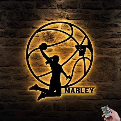 LED Female Basketball Metal Wall Art - Personalized Name Sign for Nursery, Kids Room, Game Room, or Birthday Gift for Girls