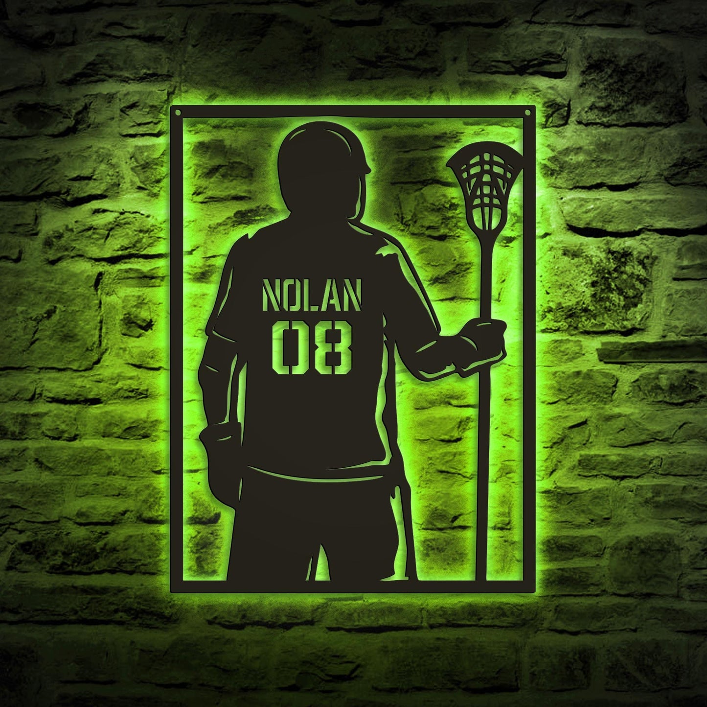 Lacrosse Player LED Metal Wall Art - Custom Name Sign with Jersey Number, Personalized Sports Room Decor, Gift for Lacrosse Enthusiasts