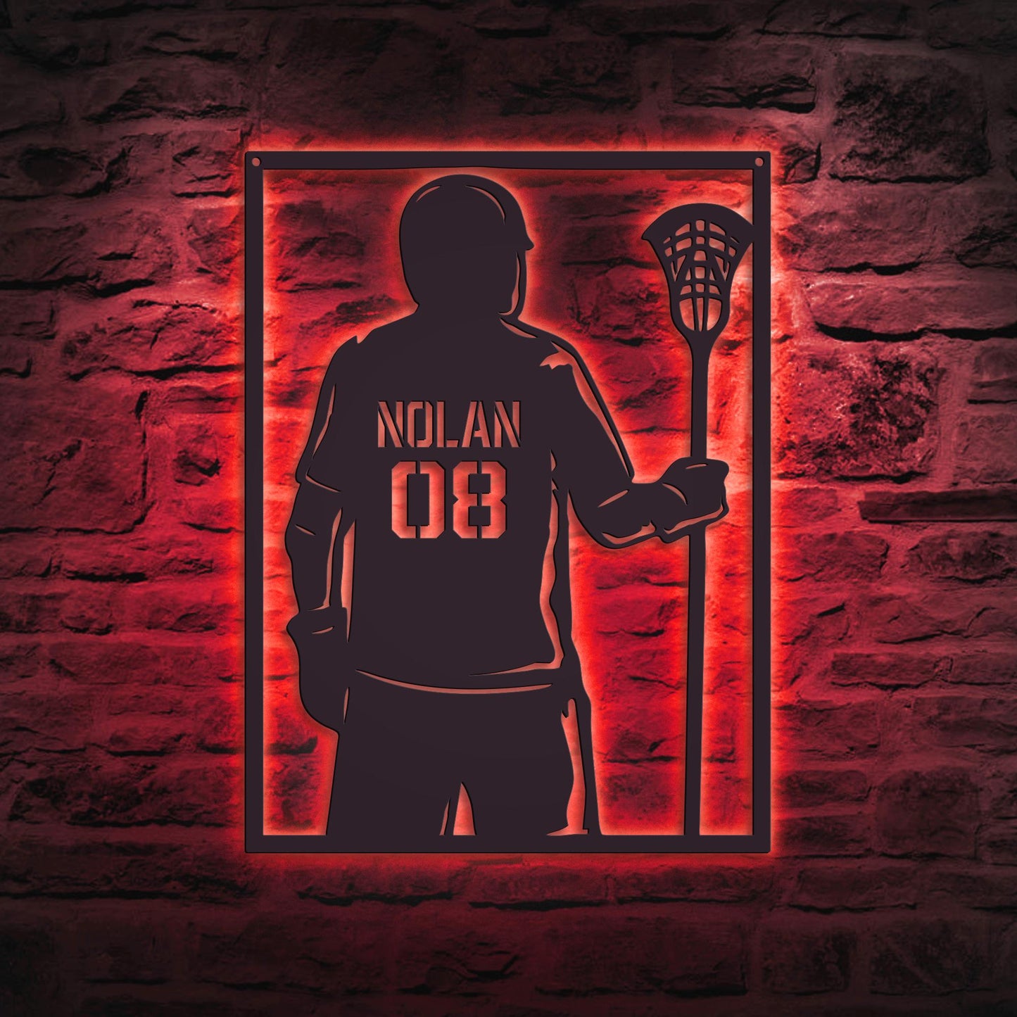 Lacrosse Player LED Metal Wall Art - Custom Name Sign with Jersey Number, Personalized Sports Room Decor, Gift for Lacrosse Enthusiasts