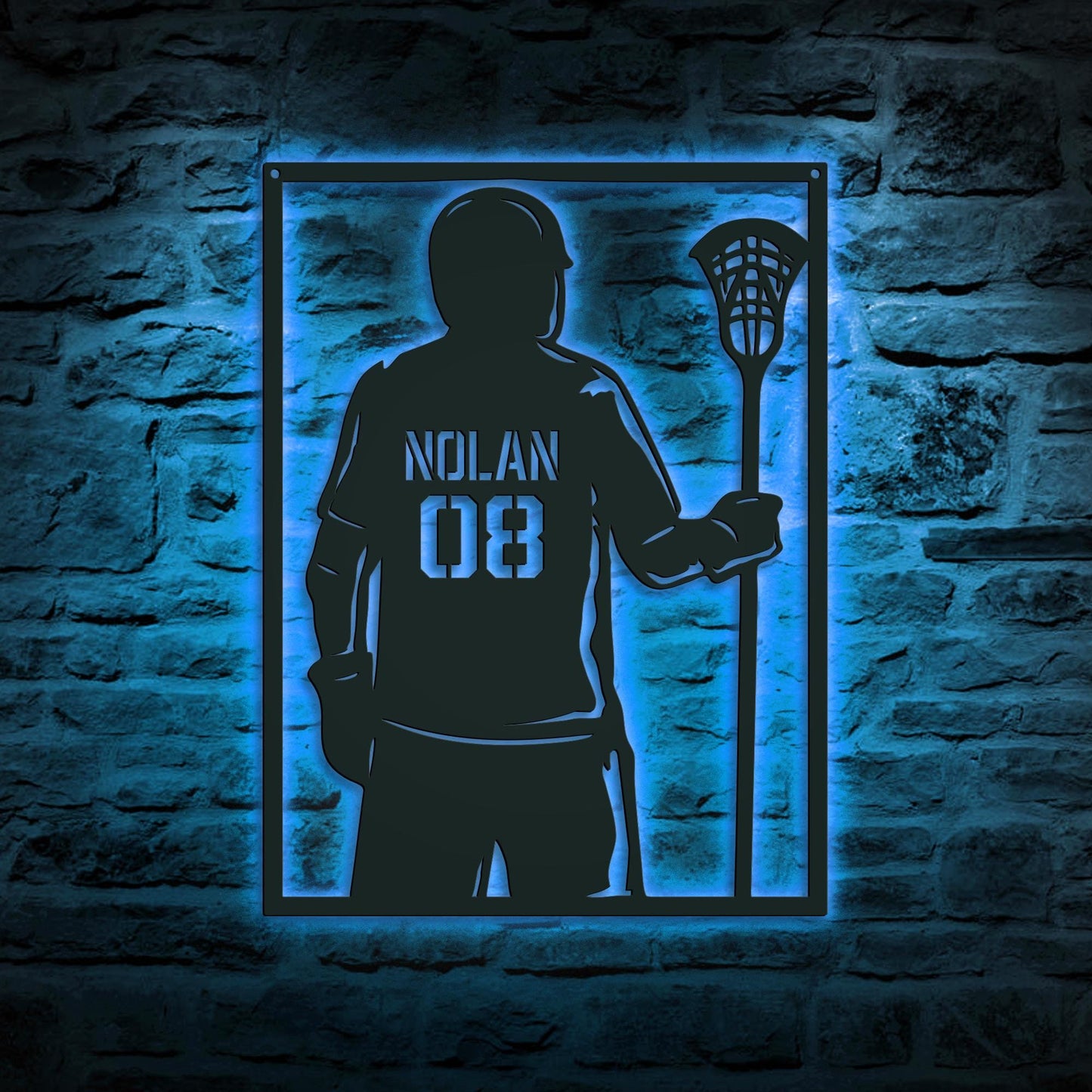 Lacrosse Player LED Metal Wall Art - Custom Name Sign with Jersey Number, Personalized Sports Room Decor, Gift for Lacrosse Enthusiasts