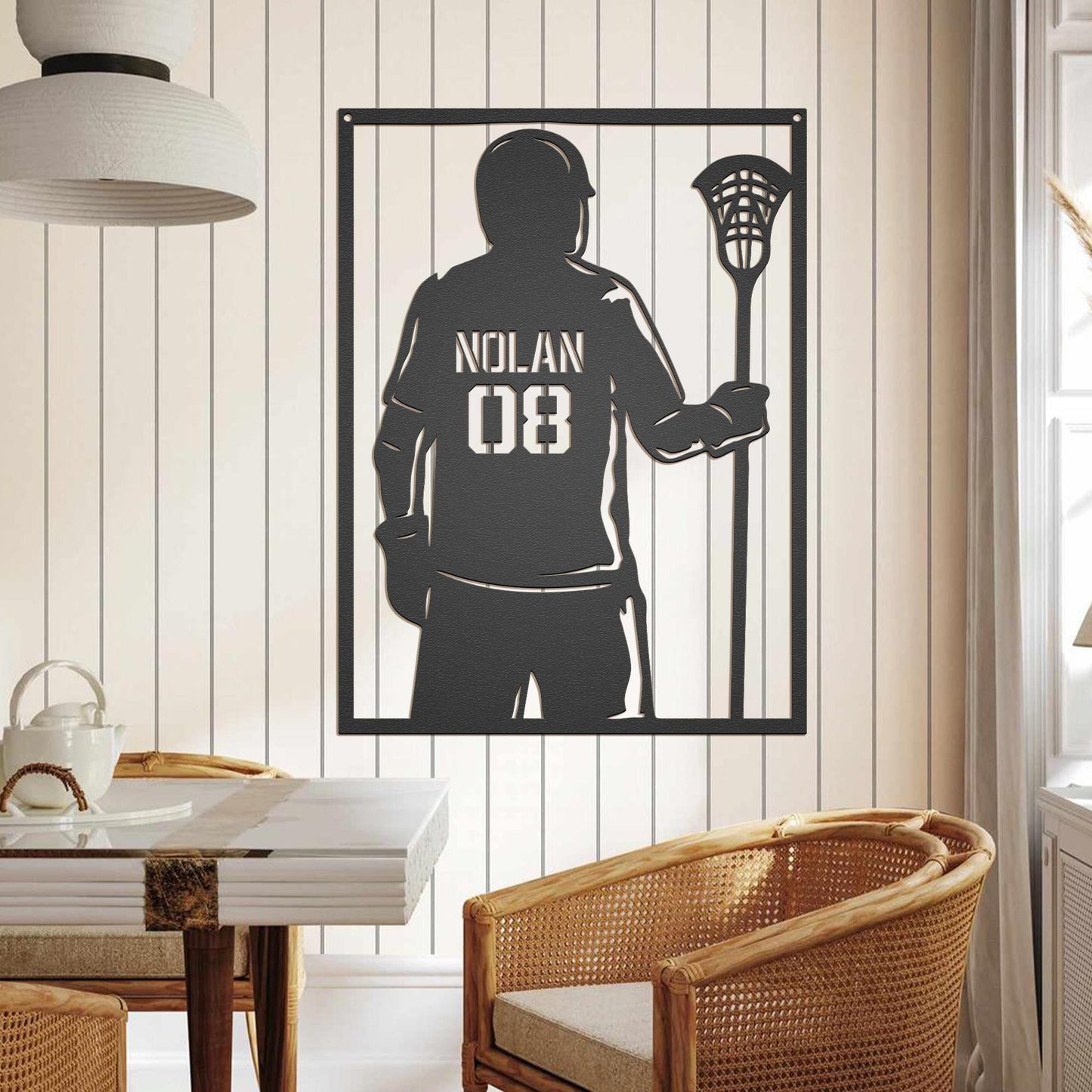 Lacrosse Player LED Metal Wall Art - Custom Name Sign with Jersey Number, Personalized Sports Room Decor, Gift for Lacrosse Enthusiasts