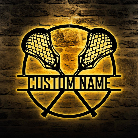 Lacrosse Led Metal Wall Art - Custom Name Sign with Sticks Design, Personalized Sports Room Decor, Gift for Lacrosse Players & Coaches