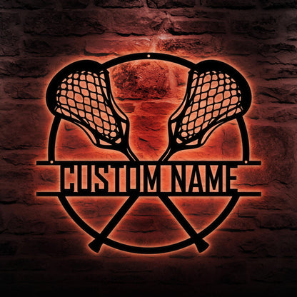 Lacrosse Led Metal Wall Art - Custom Name Sign with Sticks Design, Personalized Sports Room Decor, Gift for Lacrosse Players & Coaches